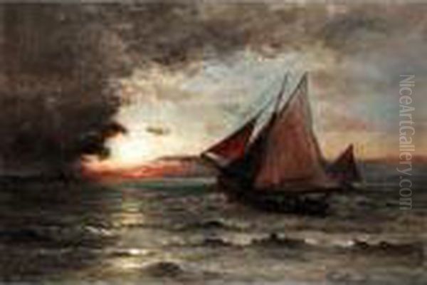 Fishing Boats At Sunset Oil Painting by Karl Pierre Daubigny