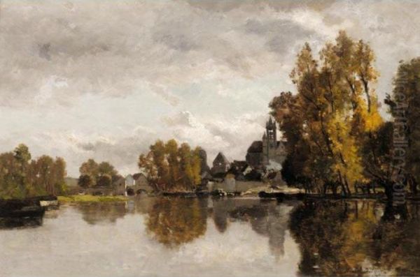 A View Of Moret Sur Loing, Near Fontainebleau Oil Painting by Karl Pierre Daubigny