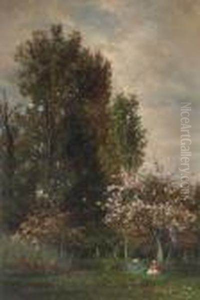 A Figure Seated Beneath A Cherry Tree Oil Painting by Karl Pierre Daubigny