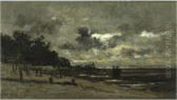 Le Brise-lame A Villerville, A Maree Basse Oil Painting by Karl Pierre Daubigny