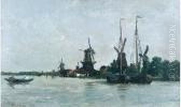 Moulins Au Bord De L'eau A Dordrecht, Hollande Oil Painting by Karl Pierre Daubigny