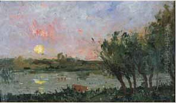 Soleil Couchant Sur Un Etang Oil Painting by Karl Pierre Daubigny