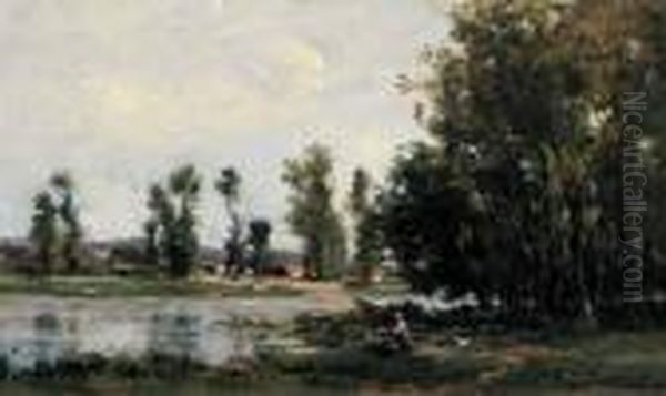 Lavandiere Au Bord De L'oise Oil Painting by Karl Pierre Daubigny