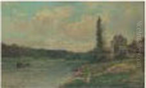 Lavandieres A Moret-nemours Oil Painting by Karl Pierre Daubigny