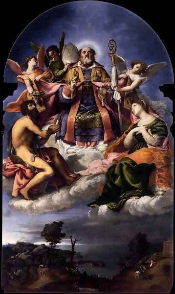 St Nicholas in Glory with Sts John the Baptist and Lucy Oil Painting by Lorenzo Lotto