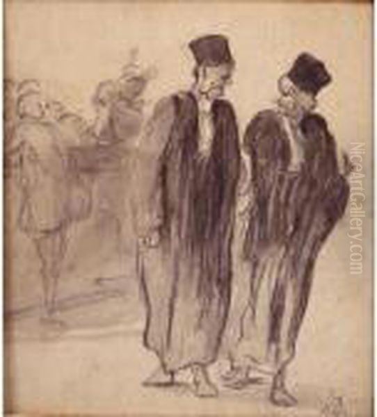 Deux Avocats Enconversation Oil Painting by Honore Daumier