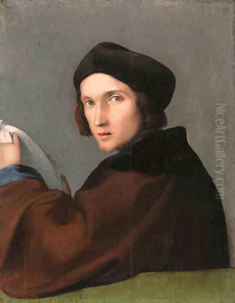 Portrait of a young man, half-length, in a brown mantle and a dark cap, a letter in his hands Oil Painting by Lorenzo Lotto