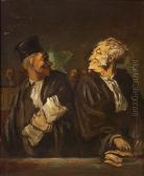 Ascribed To : A Court Room Oil Painting by Honore Daumier