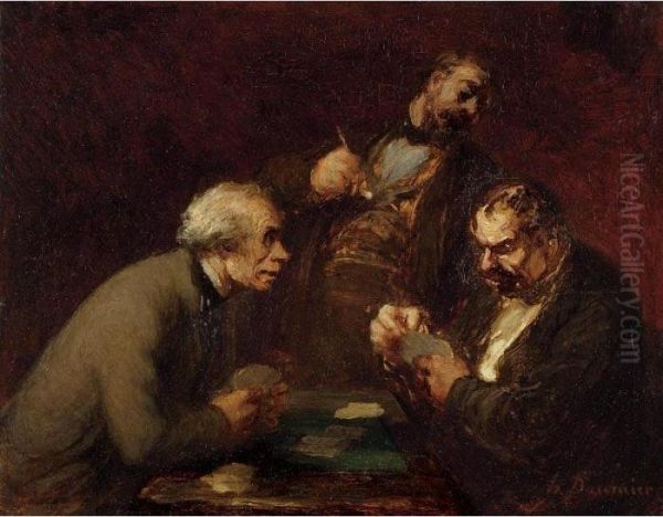 Joueurs Des Cartes Oil Painting by Honore Daumier