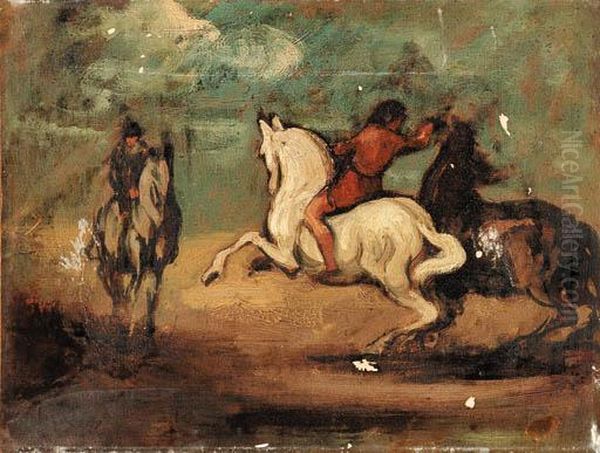 Deux Cavaliers Avec Trois Chevaux Oil Painting by Honore Daumier