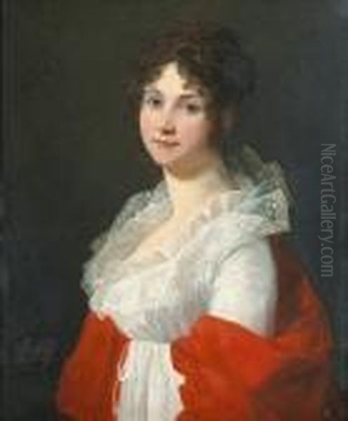 A Portrait Of A Lady, Half-length, In A White Dress And Red Wrap Oil Painting by Jacques Louis David