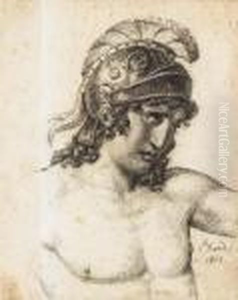 Homme Nu En Buste, Coiffe D'un Casque Antique Oil Painting by Jacques Louis David