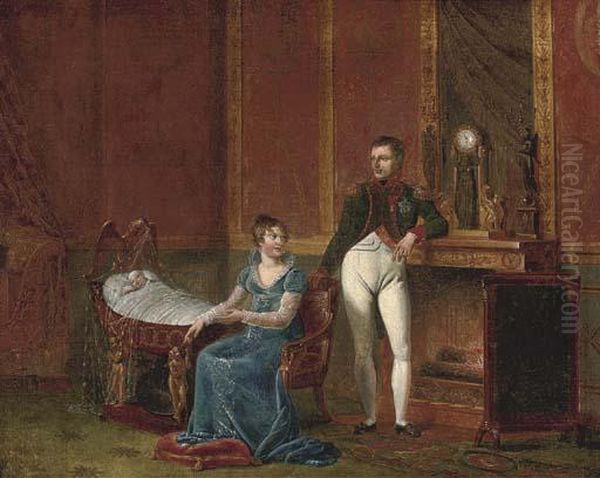 Napoleon And Marie-louise By The Fireside With The Infant Napoleon Ii Oil Painting by Jacques Louis David