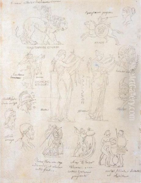 A Sheet Of Studies Of Classical Figures, Groups Of Soldiers And Heads In Profile Oil Painting by Jacques Louis David