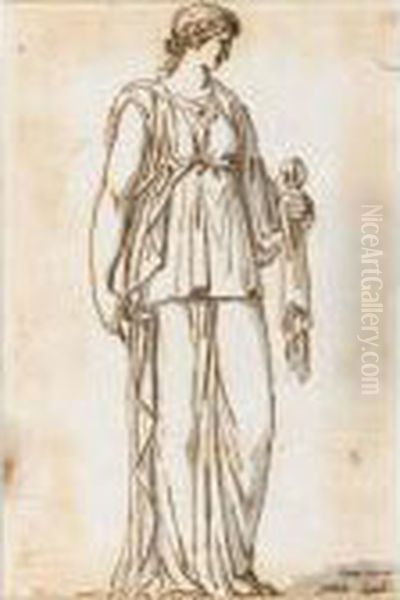 Standing Antique Female Figure, Wearing A Laurel Wreath And Holding Her Stole Oil Painting by Jacques Louis David