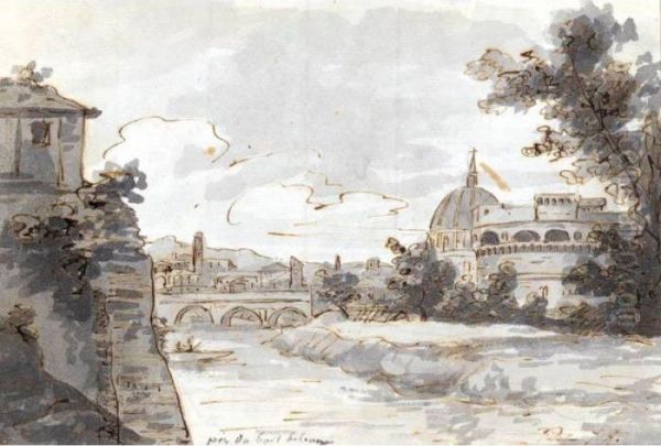 Recto: View Of Along The Tiber With The Castel Sant'angelo And St. Peter's To The Right Oil Painting by Jacques Louis David