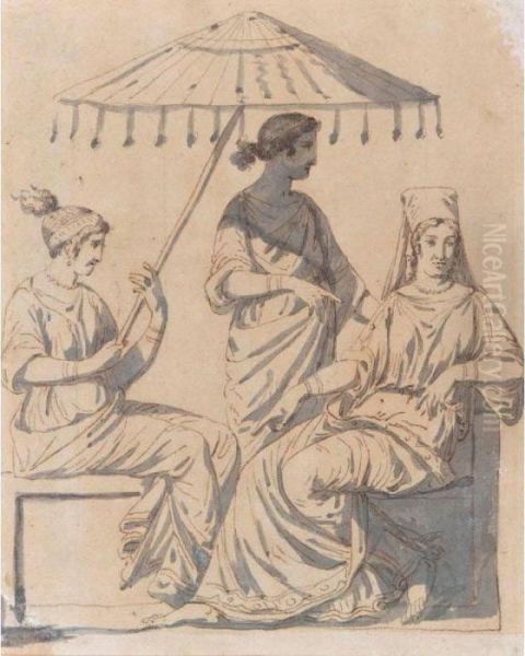 Three Women, Two Seated, One Holding An Elaborate Parasol, Another Standing Oil Painting by Jacques Louis David