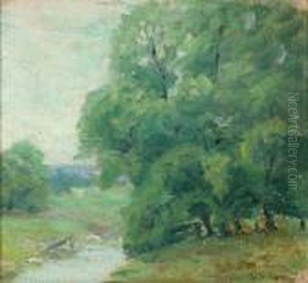 Spring Landscape With Creek Oil Painting by Arthur Bowen Davies