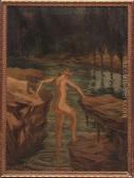 Nude Testing Water Oil Painting by Arthur Bowen Davies