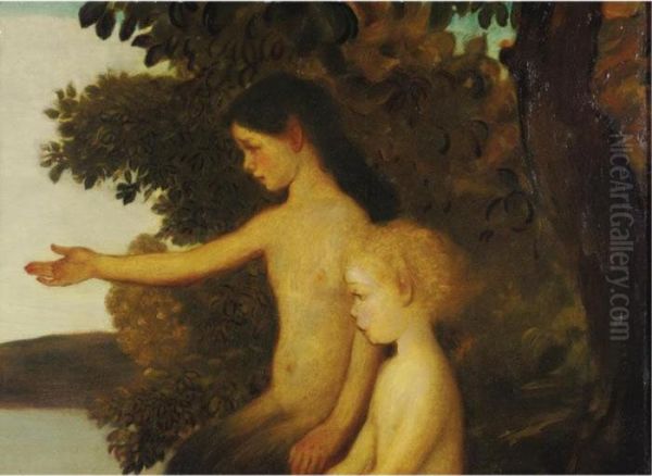 On The Banks Of The Arethusa - Little Fauns Oil Painting by Arthur Bowen Davies