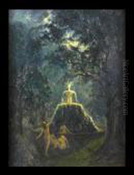 Nudes Bathing In A Fountain At Night Oil Painting by Arthur Bowen Davies