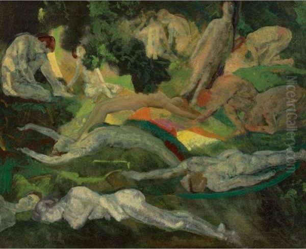 Figures In A Landscape Oil Painting by Arthur Bowen Davies