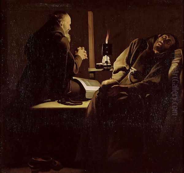 The Ecstasy of St. Francis, A Monk at Prayer with a Dying Monk, 1640-45 Oil Painting by Georges de La Tour