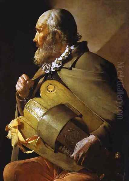 Hurdy-Gurdy Player with a Ribbon Oil Painting by Georges de La Tour