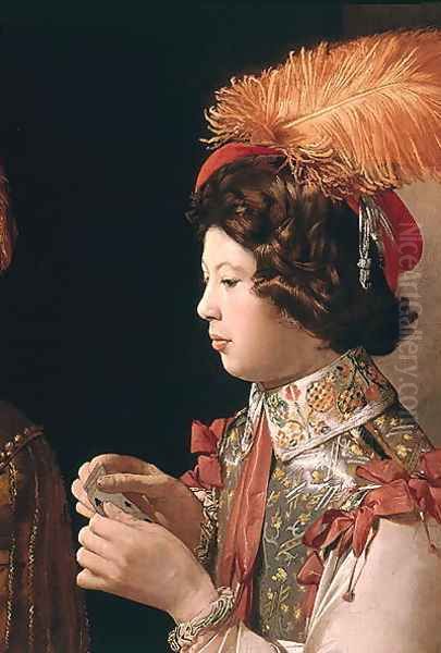 The Cheat with the Ace of Diamonds, detail depicting the male card player with the feathered hat, c.1635-40 Oil Painting by Georges de La Tour