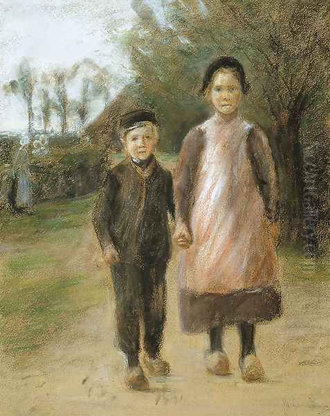 Boy and Girl on a Village Street Oil Painting by Max Liebermann