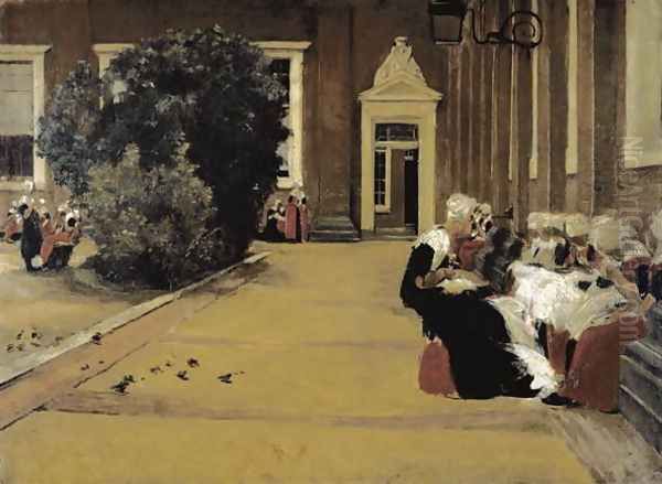 Courtyard of the orphanage in Amsterdam, 1876 Oil Painting by Max Liebermann