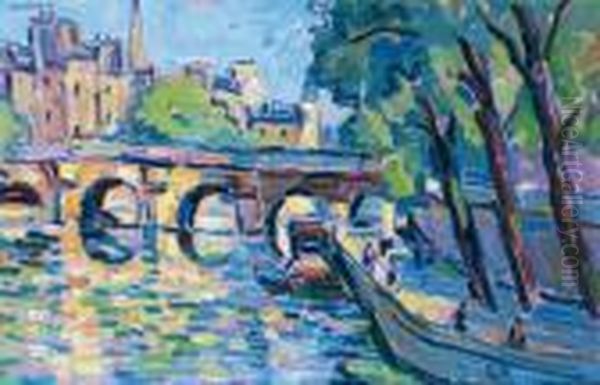 Paris, Le Pont Neuf Et La Cite Oil Painting by Pierre De Belay