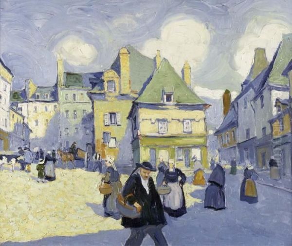 Finistere - La Place Terre Au Duc Oil Painting by Pierre De Belay