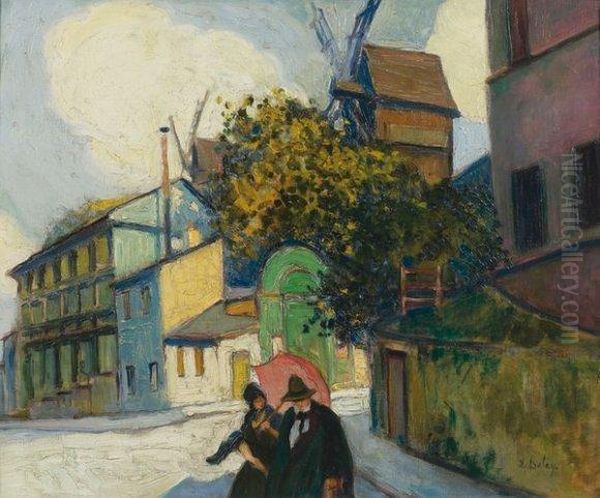 Promenade A Montmartre, Le Moulin De La Galette Oil Painting by Pierre De Belay