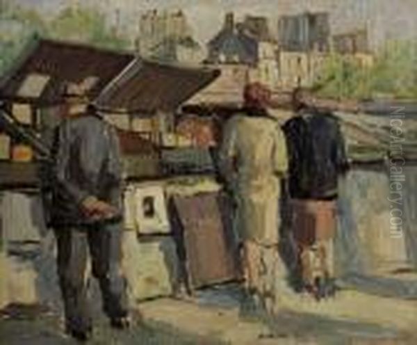 Les Bouquinistes Oil Painting by Pierre De Belay