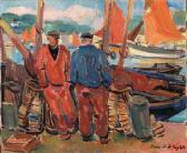 Deux Marins Sur Le Port D'audierne Oil Painting by Pierre De Belay