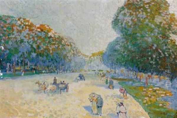 Fiacres Et Promeneurs Aux Champs-elysees Oil Painting by Pierre De Belay