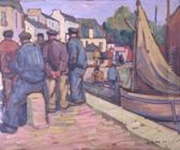 Marins En Conversation Sur Les Quais A Concarneau Oil Painting by Pierre De Belay