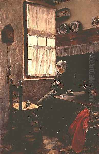 A young woman knitting in an interior Oil Painting by Max Liebermann