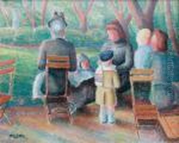 Meres Et Enfants Dans Le Jardin Du Luxembourg, 1940. Oil Painting by Pierre De Belay