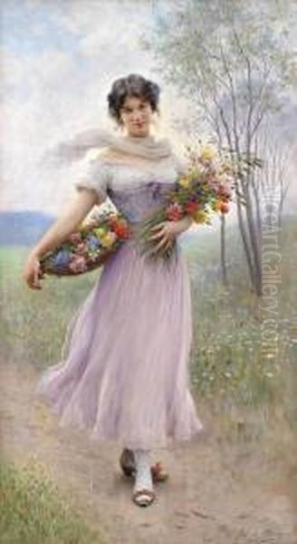 Girl Ina Lilac-coloured Dress With Bouquet Of Flowers And Basket Offlowers Oil Painting by Eugene de Blaas