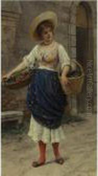 Young Beauty With Fruit Basket Oil Painting by Eugene de Blaas