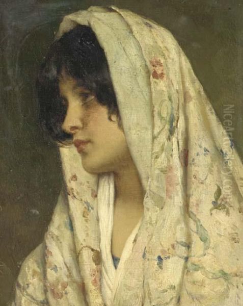 A Young Beauty With A Flowered Shawl Oil Painting by Eugene de Blaas