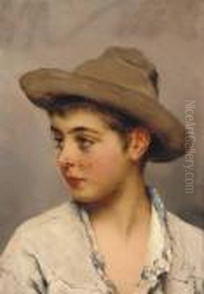 A Young Boy Wearing A Stetson Oil Painting by Eugene de Blaas