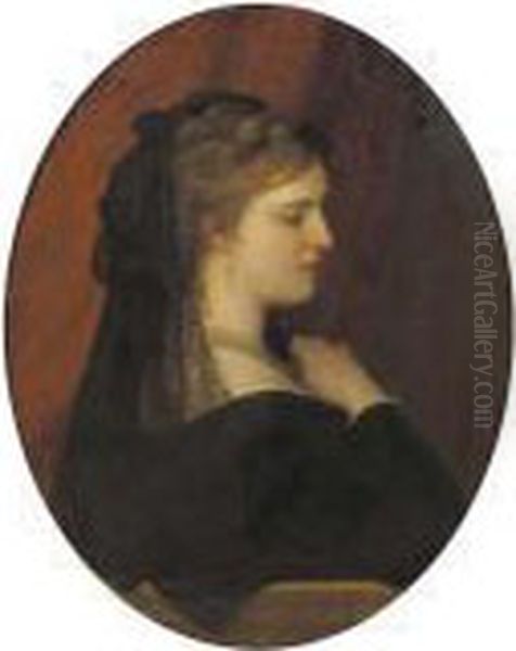 A Portrait Of A Venetian Lady, In A Painted Oval Oil Painting by Eugene de Blaas