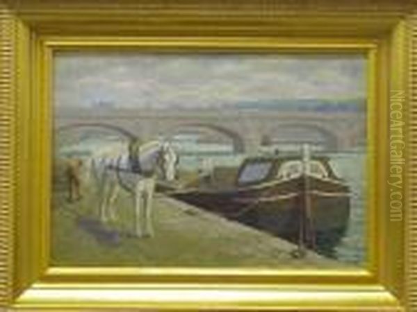 A Carthorse Alongside Boat In European Canal Being Unloaded Oil Painting by Theophile Emile Achille De Bock