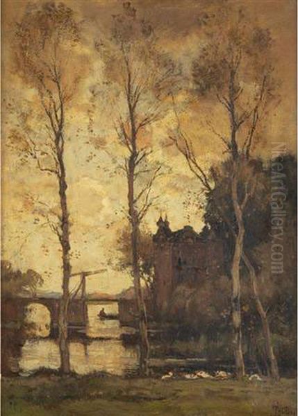 Boater Beside A Drawbridge At Sunset Oil Painting by Theophile Emile Achille De Bock