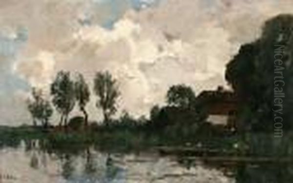 Boerderij En Bomen Aan Het Water Oil Painting by Theophile Emile Achille De Bock