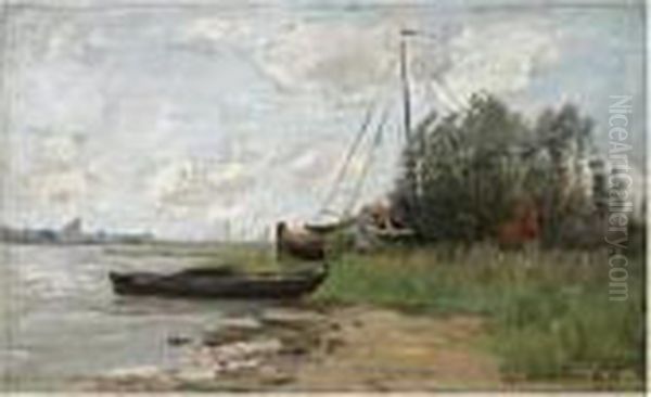 On The Riverbank Near Gorkum Oil Painting by Theophile Emile Achille De Bock