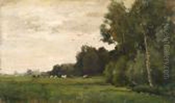 Studie Van Landschap Met Bosrand En Enkele Stuks Grazend Vee Oil Painting by Theophile Emile Achille De Bock